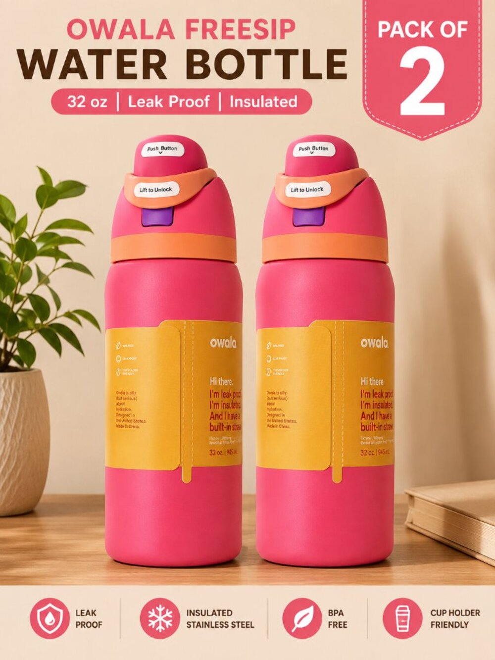 Owala FreeSip Insulated Water Bottle 32 oz – Pink/Coral, Leak-Resistant Travel